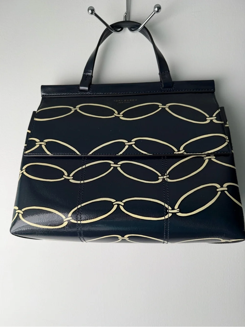 Tory Burch  Block-T Satchel in Navy Blue Patent Elliptical Link
